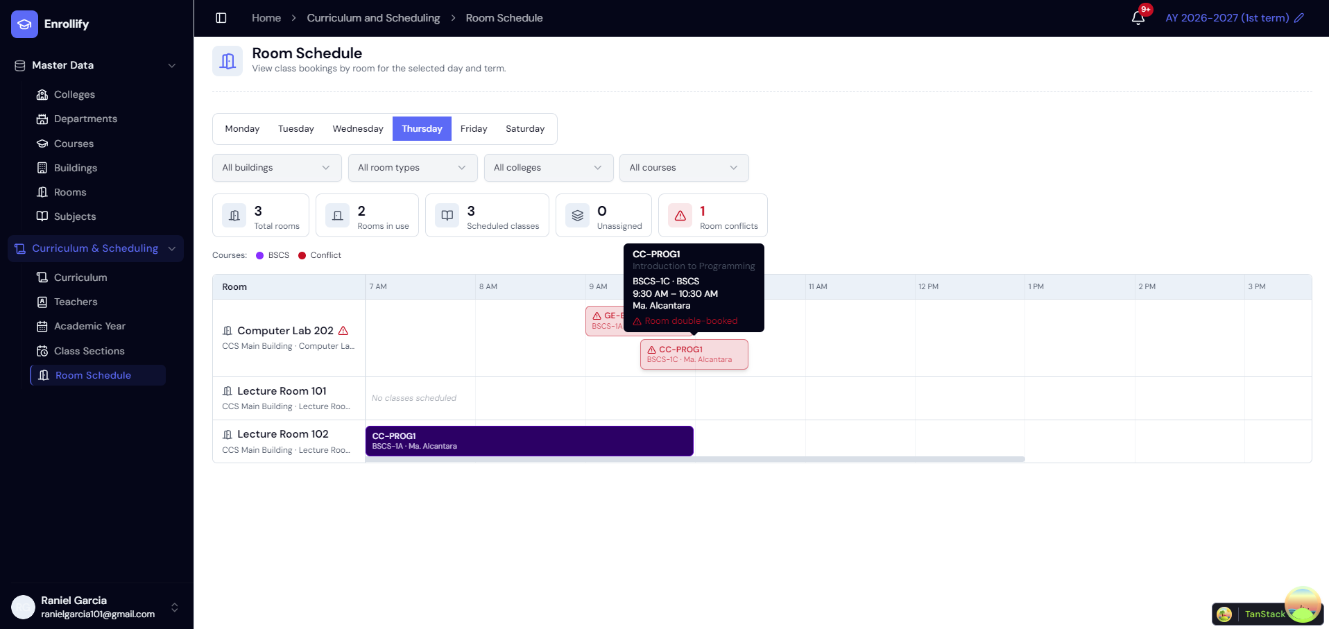 Room Schedule page — weekly schedule view per room showing occupied and free time slots